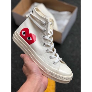 The highest version in the market original last original box high cleaning work version official latest version correct soft blue background CDG x Converse 1970s white gaobang converse Chuanjiu Baoling play love co branded canvas shoes original box original Standard Vulcanized shoes 150205c Si