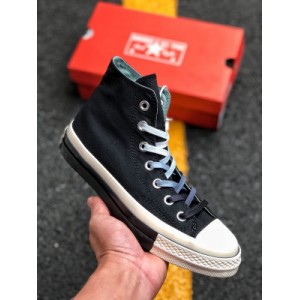 Vulcanization process ? Converse Chuck Taylor All Star 1970s hi military green high top casual canvas shoes the upper is covered with black, the laces are matched with gradient colors, and the midsole is also matched with white and black
