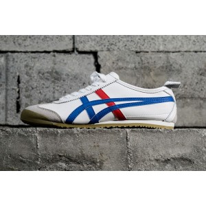 ASICs ghost mound tiger neutral mexico 66 series casual shoe top leather white, blue and red