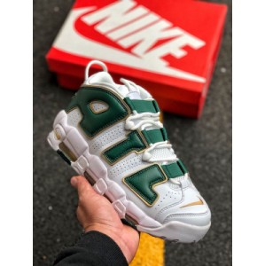 The original nike air more uptempo overall color scheme is based on pure white. The iconic air on the side of the shoe is changed to Atlanta City abbreviation ATL. It is made of green and gold binding. The heel is embroidered with peach pattern and 4